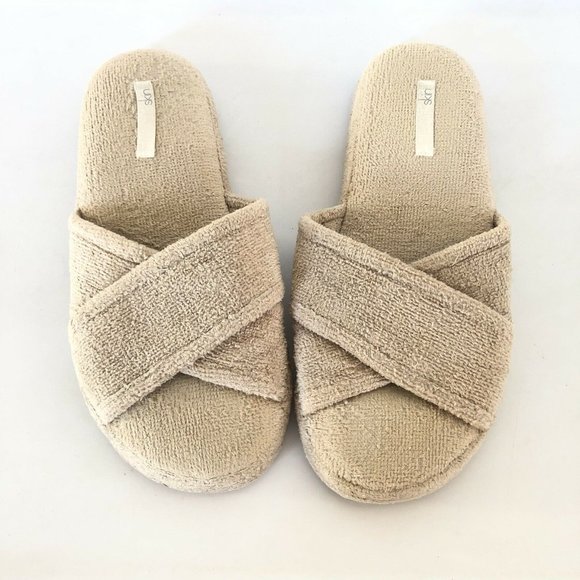 Skin The Kyoto Slides Truffle Brown Terry Criss Crossed Casual M $85 - Picture 1 of 5